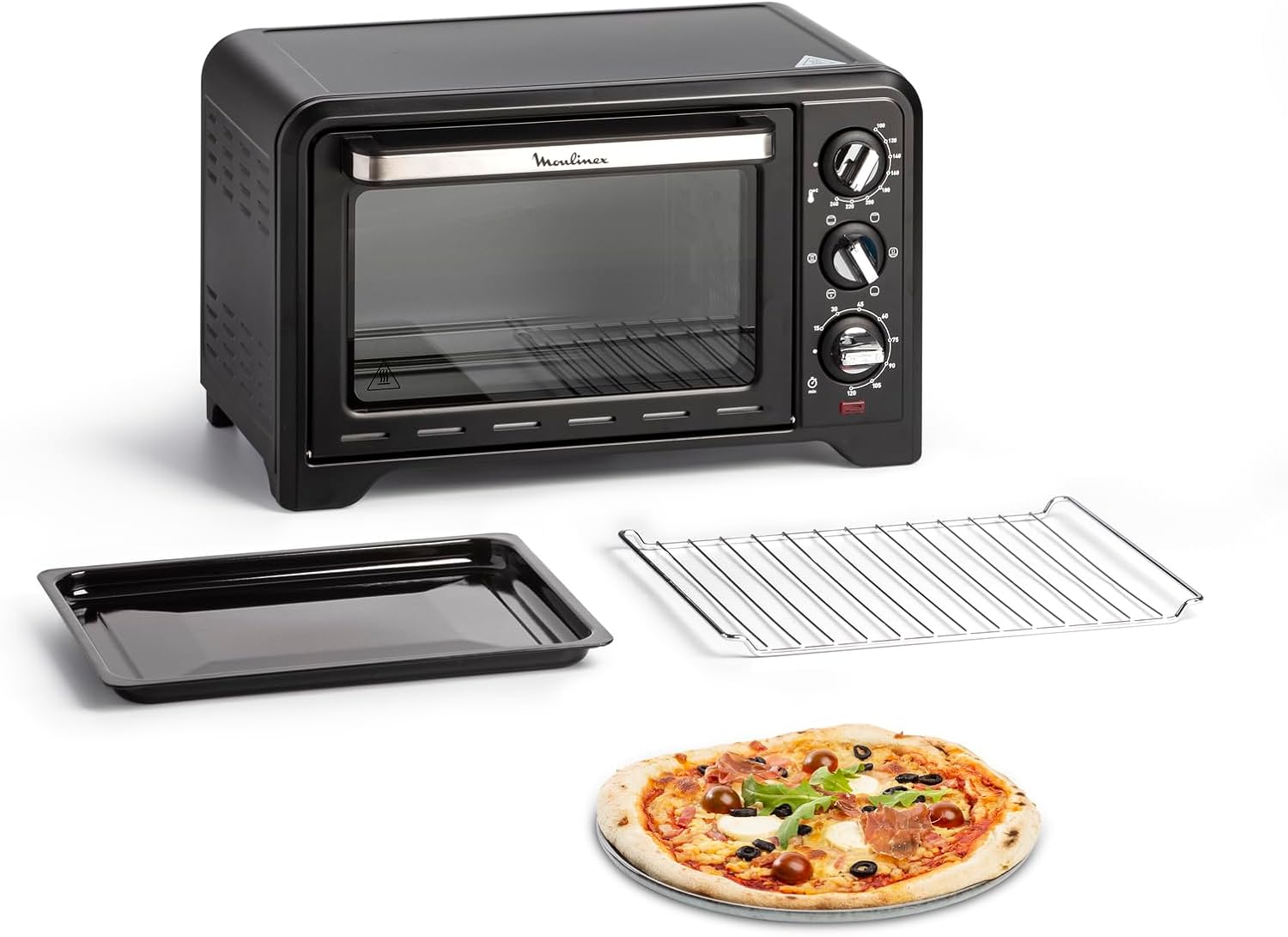 Moulinex Four électrique posable 19 L, Compact, chaleur tournante, 6 modes de cuisson, Thermostat réglable jusqu’à 240°C, Minuteur 120 min, Grille réversible, Lèche frites, Optimo noir OX444810