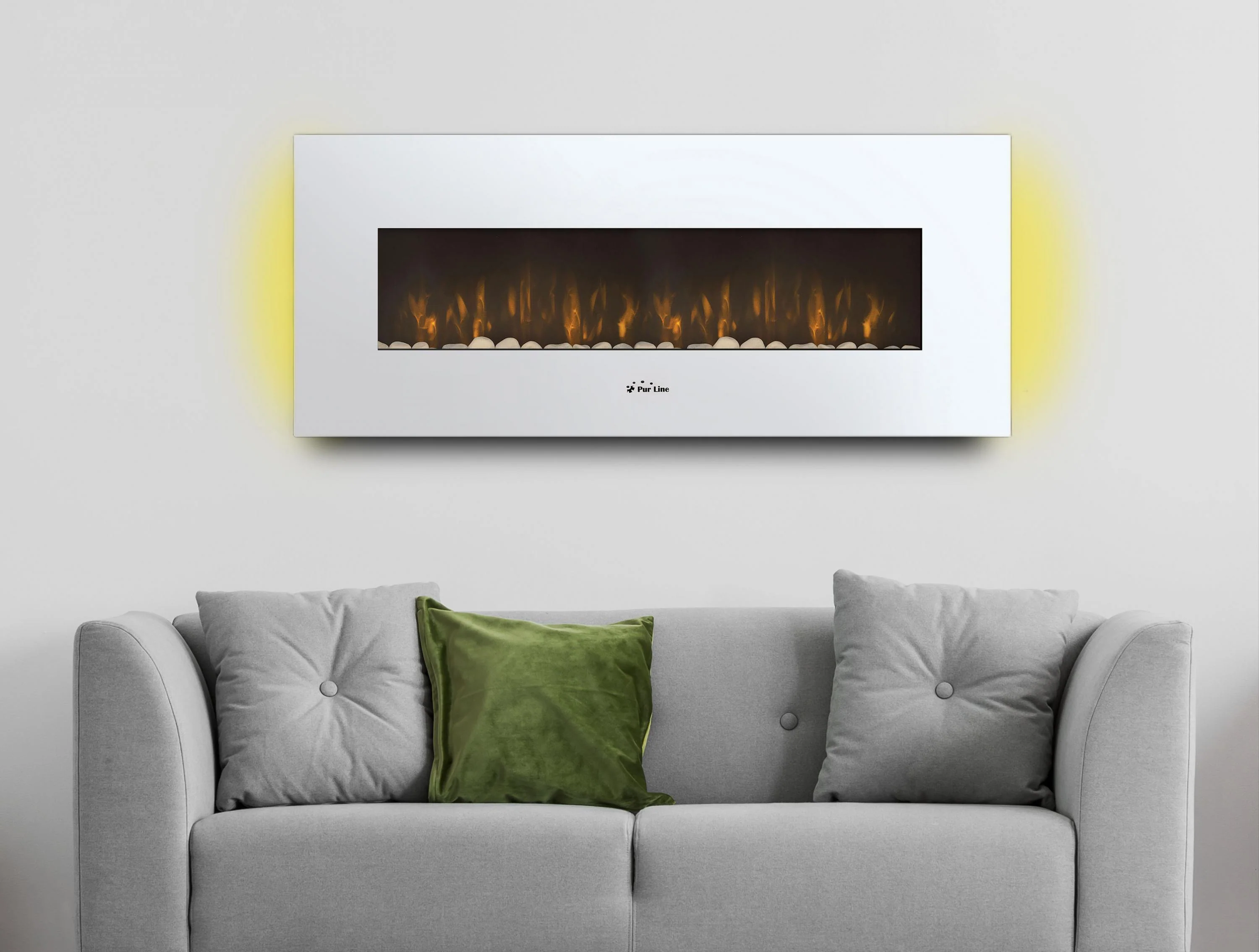 Cheminée électrique panoramique avec éclairage LED d'ambiance et panneau frontal blanc