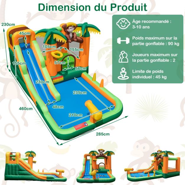 Chteau gonflable 7 en 1  tropical à thème singe et palmier avec toboggan aquatique avec piscine et 50 boules charge 90kg pour 2 enfants de 3-10 ans 20_0007620