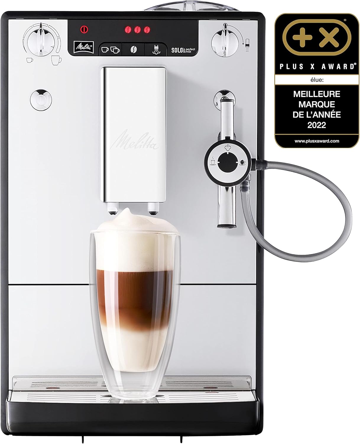 Melitta Solo & Perfect Milk Argent, Machine à Café à Grains avec Broyeur et Système d'Extraction des Armes, Mode 1 à 2 Tasses, Auto Cappuccinatore, Affichage LED, E957-203, 1400W