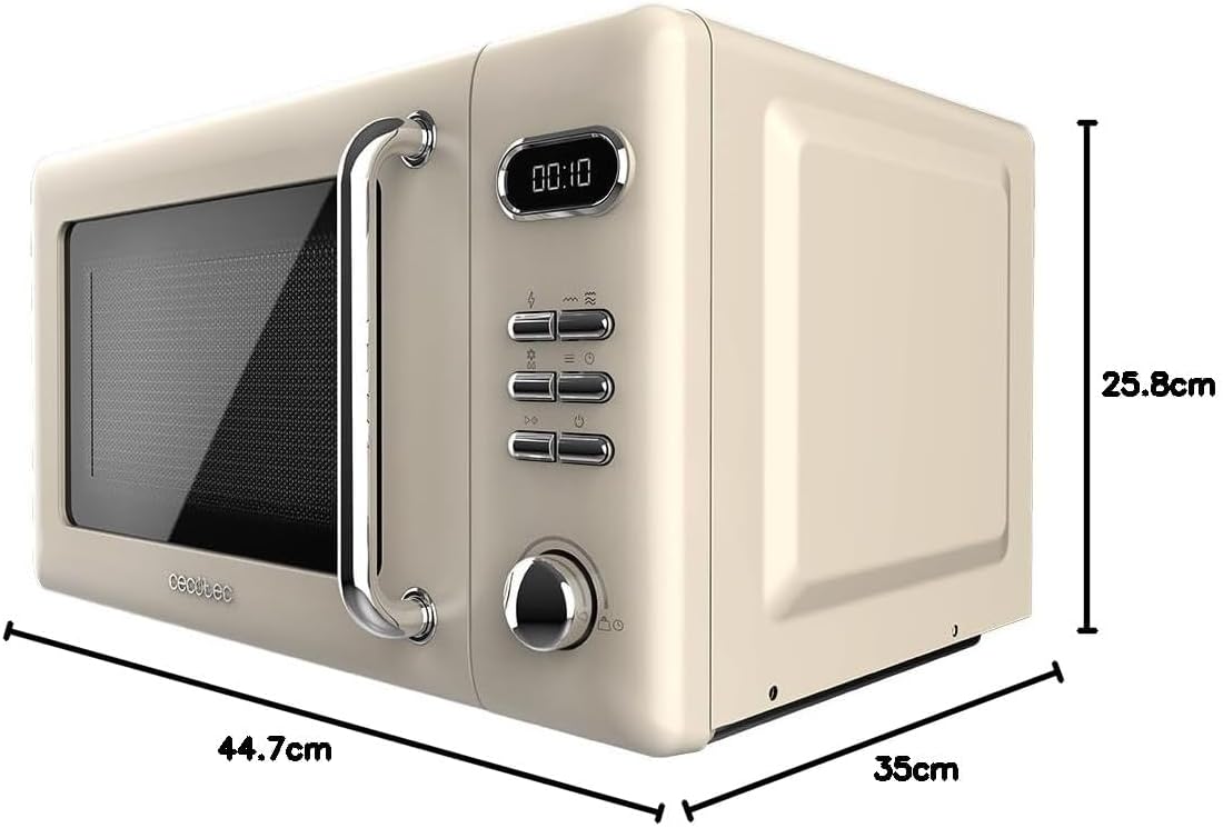 Cecotec Micro-Ondes Mécanique avec Grill Proclean 3110 Retro Bleu. 20 L, 700 W en 6 niveaux, minuterie jusqu'à 30 minutes, mode dégivrage, design vintage bleu, finitions en acier.