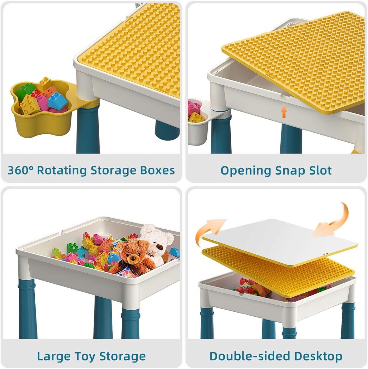 burgkidz Ensemble de Table Multi-activités pour Enfants 5-en-1-128 Pièces Blocs de Construction de Grandes Briques Compatibles, Jeu Comprenant 1 Chaise et 1 Table avec Rangement, Bleu