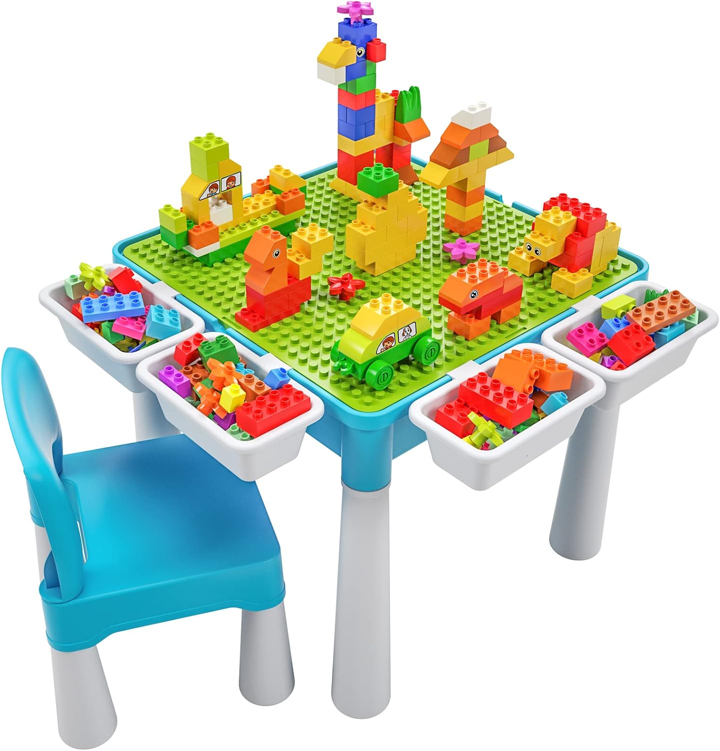 burgkidz Ensemble de Table Multi-activités pour Enfants 5-en-1-128 Pièces Blocs de Construction de Grandes Briques Compatibles, Jeu Comprenant 1 Chaise et 1 Table avec Rangement, Bleu