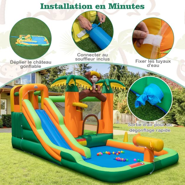 Chteau gonflable 7 en 1  tropical à thème singe et palmier avec toboggan aquatique avec piscine et 50 boules charge 90kg pour 2 enfants de 3-10 ans 20_0007620