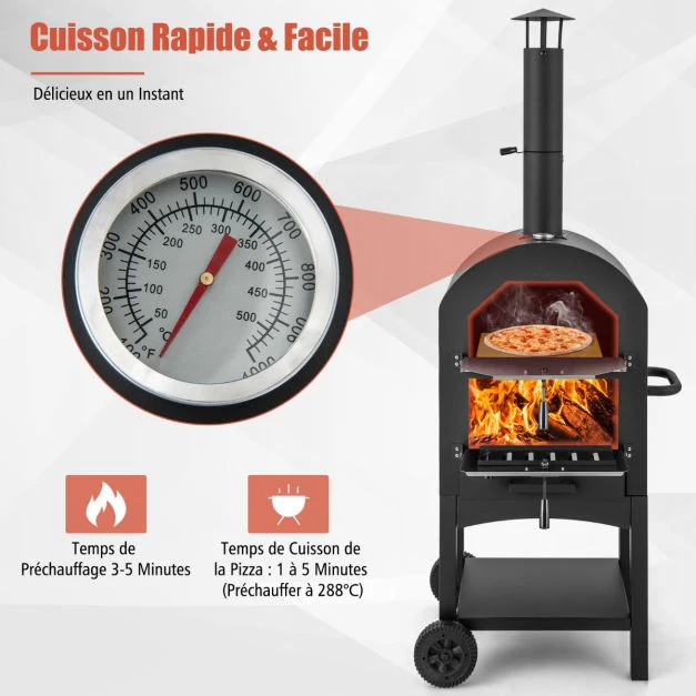 Four à pizza extérieur au charbon avec pelle à pizza pierre à pizza housse étanche cheminée et thermomètre double noir 20_0006242