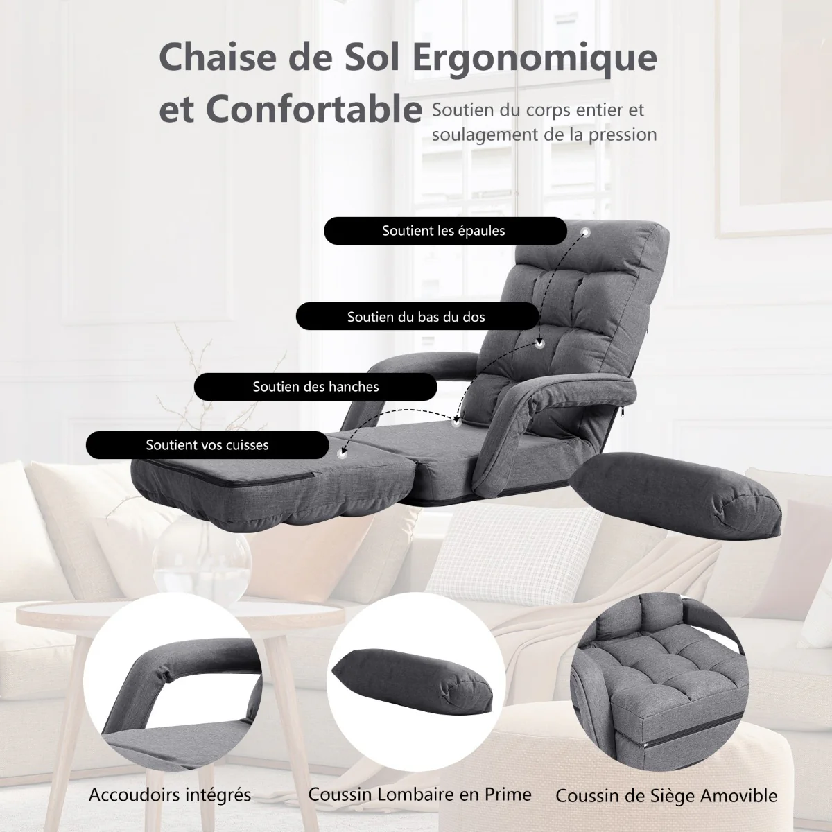 Fauteuil convertible chauffeuse convertible 1 place avec oreiller 5 positions en tissu lin éponge 54 x 56 x 70 cm gris 20_0008568