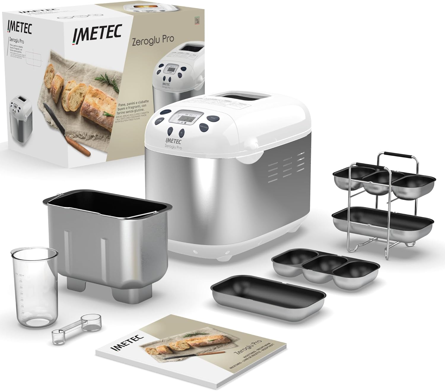 Imetec Zero-Glu Pro - Machine à Pain 1kg, Ciabatta, Petits Pains Sans Gluten, Pte à Pizza, Gteaux, Confitures - 20 Programmes, Température de Levage Contrlée, Sans BPA + Livre de Recettes
