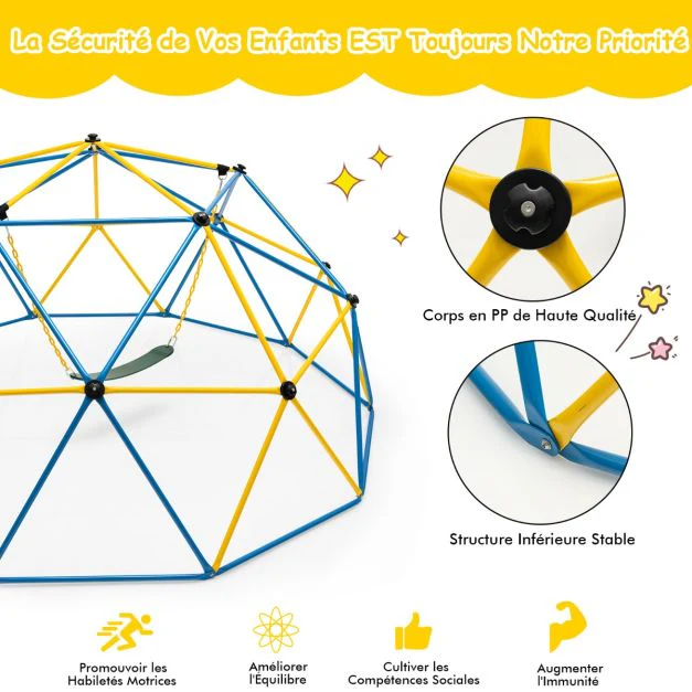 Dme d'escalade de 305 cm avec balanoire cage d'escalade en métal charge max 363 kg intérieur extérieur pour enfants de 3-10 ans 20_0006935