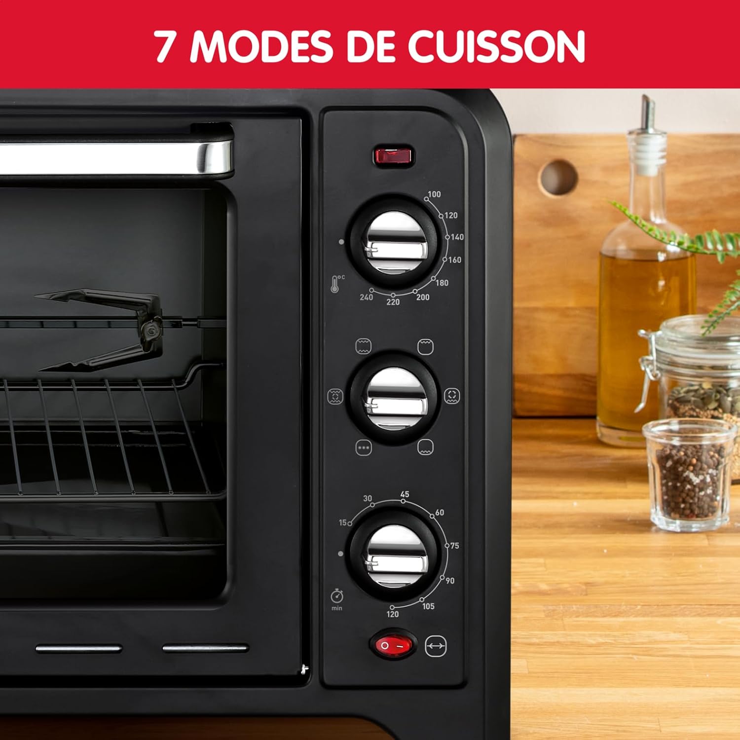 Moulinex Four électrique posable 19 L, Compact, chaleur tournante, 6 modes de cuisson, Thermostat réglable jusqu’à 240°C, Minuteur 120 min, Grille réversible, Lèche frites, Optimo noir OX444810