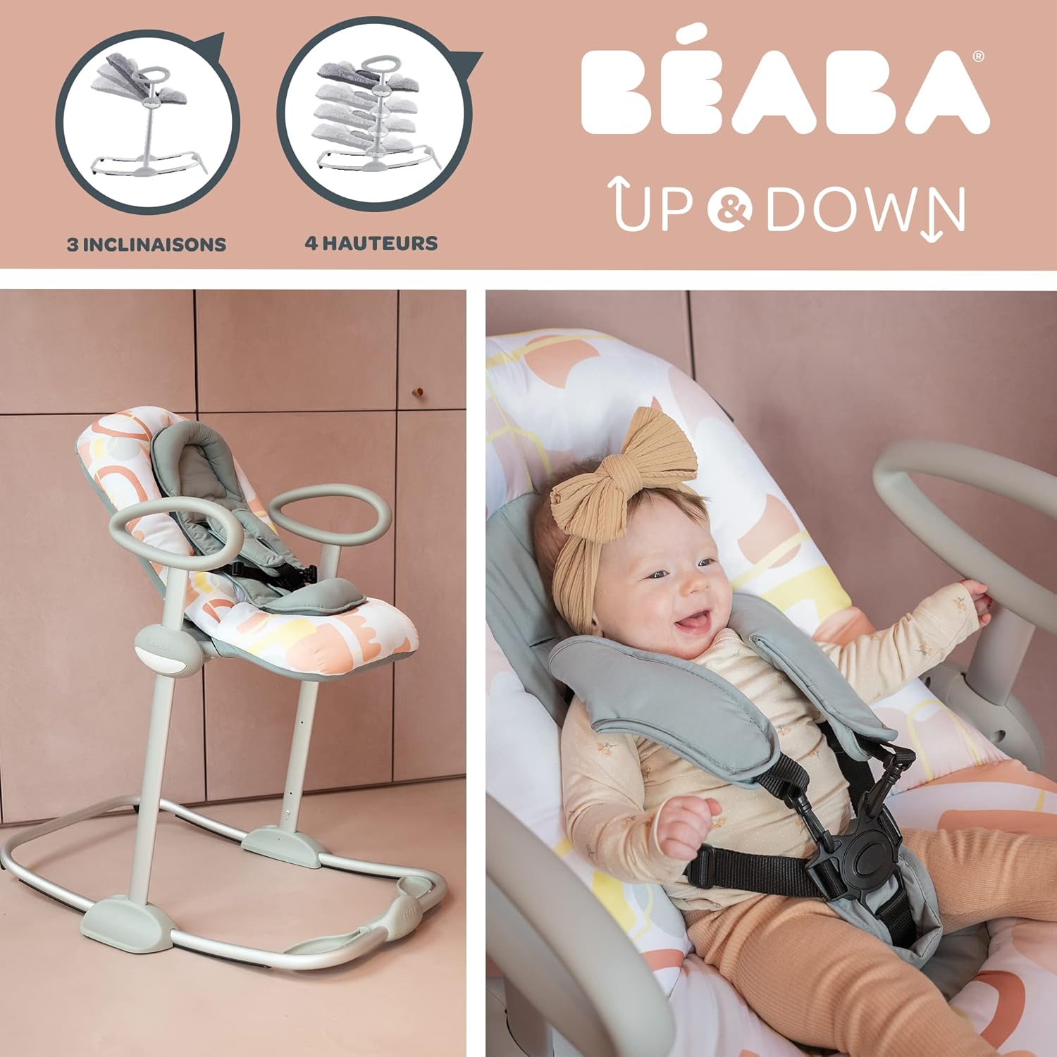 Béaba, Transat Up & Down IV, Transat Réglable en Hauteur, Unisexe pour Bébé et Enfants, 3 Positions d'Inclinaison, Harnais Sécurité 5 Points, Réducteur de Naissance, Gris minéral et miel
