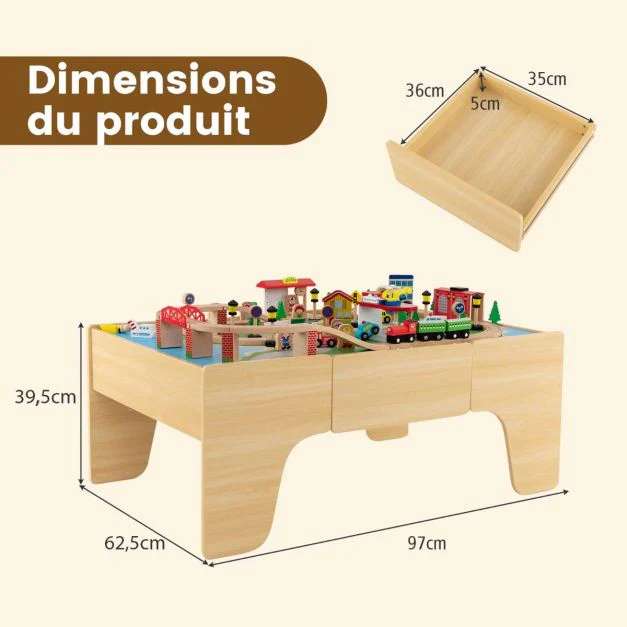 Ensemble de jouets de train et table en bois 84 pièces plateau réversible et amovible tiroir rails en bois massif figurines   20_0008479