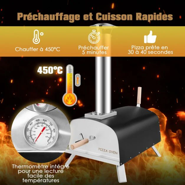 Four à pizza extérieur aux granulés de bois avec pierre à pizza pelle pare-feu pieds pliables cheminée amovible 20_0008602