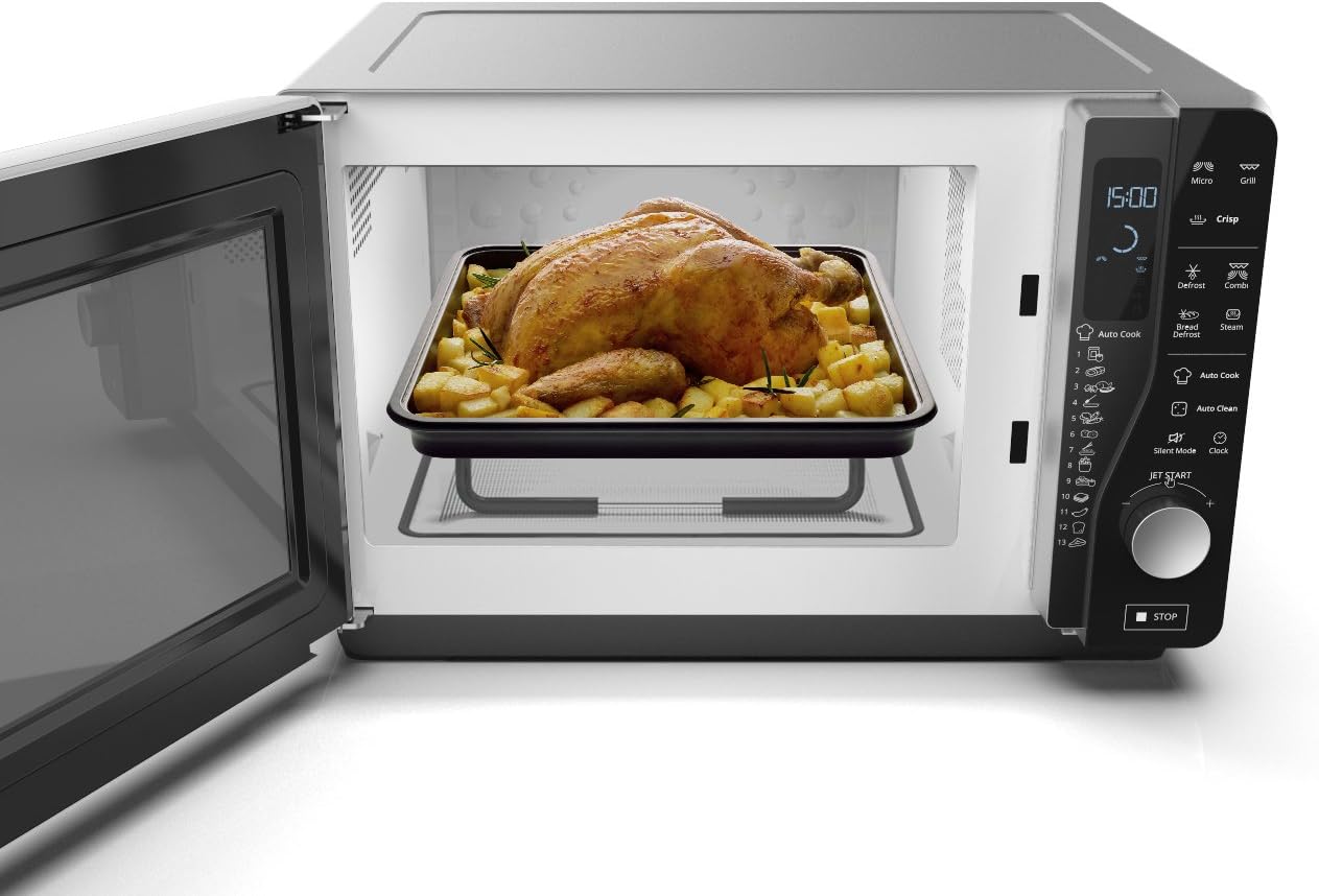 Whirlpool MWF 427 SL Four à micro-ondes Extra Space + Grill, 25 litres, argent, avec steamer, grille haute et plate Crisp + poignée, 800 + 1000 W