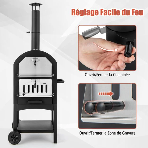 Four à pizza extérieur au charbon avec pelle à pizza pierre à pizza housse étanche cheminée et thermomètre double noir 20_0006242