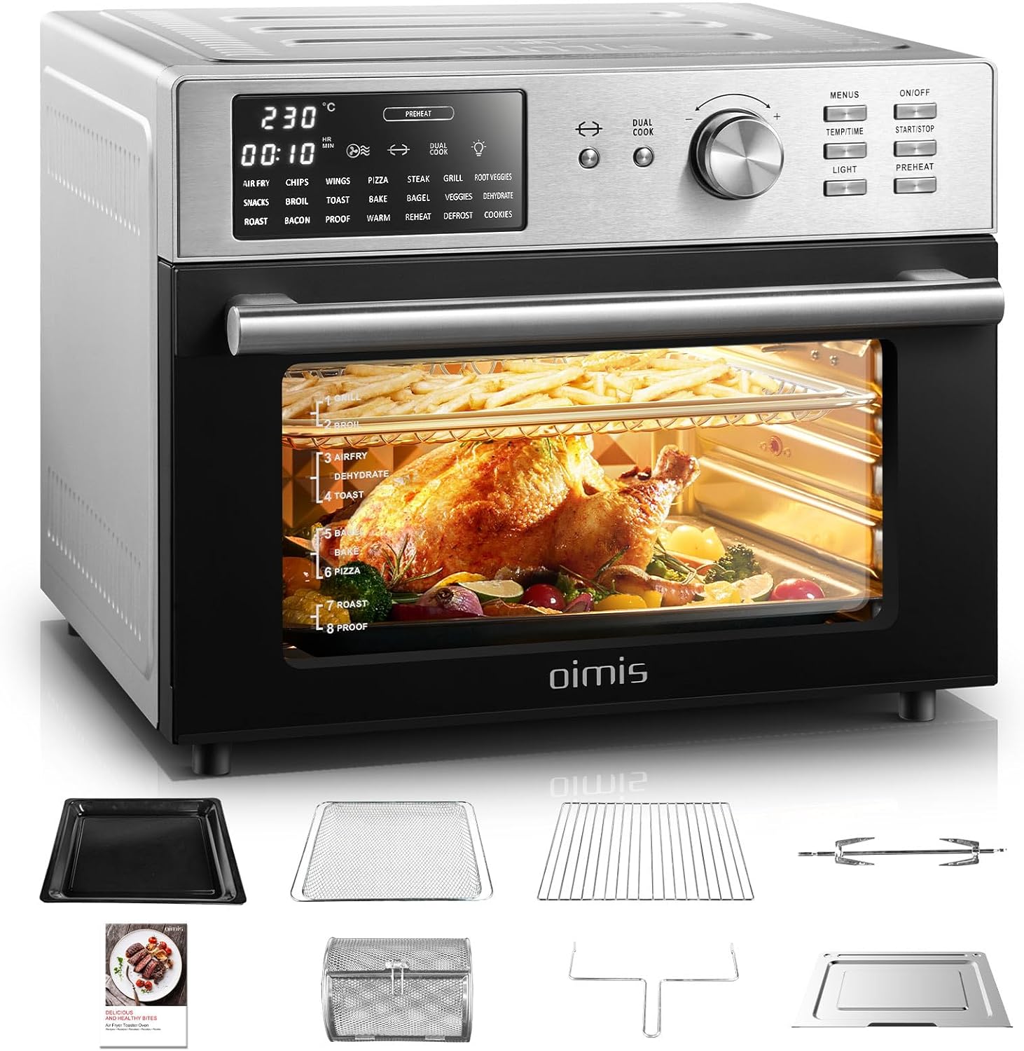 Oimis Friteuse à Air Chaud Sans Huile Four 30L,Gris, 1800W avec 21 Programmes Prédéfinis, Rtissoire,Déshydrateur, 6 Accessoires, Recettes（NO Panier Rotatif）