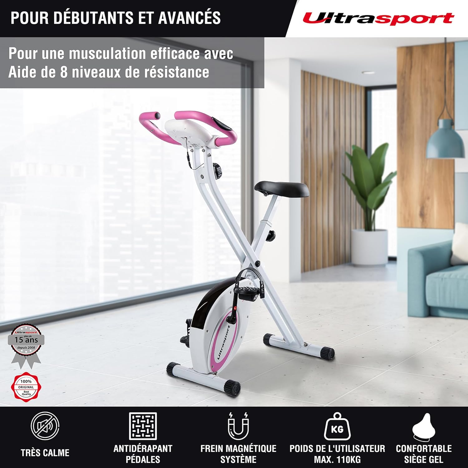 Ultrasport F-Bike, entraneur vélo, vélo d'appartement, home trainer pliable, écran LCD, opt. capteurs pouls main, Niveaux de résistance réglables, faciles à assembler, idéal pour athlètes et seniors