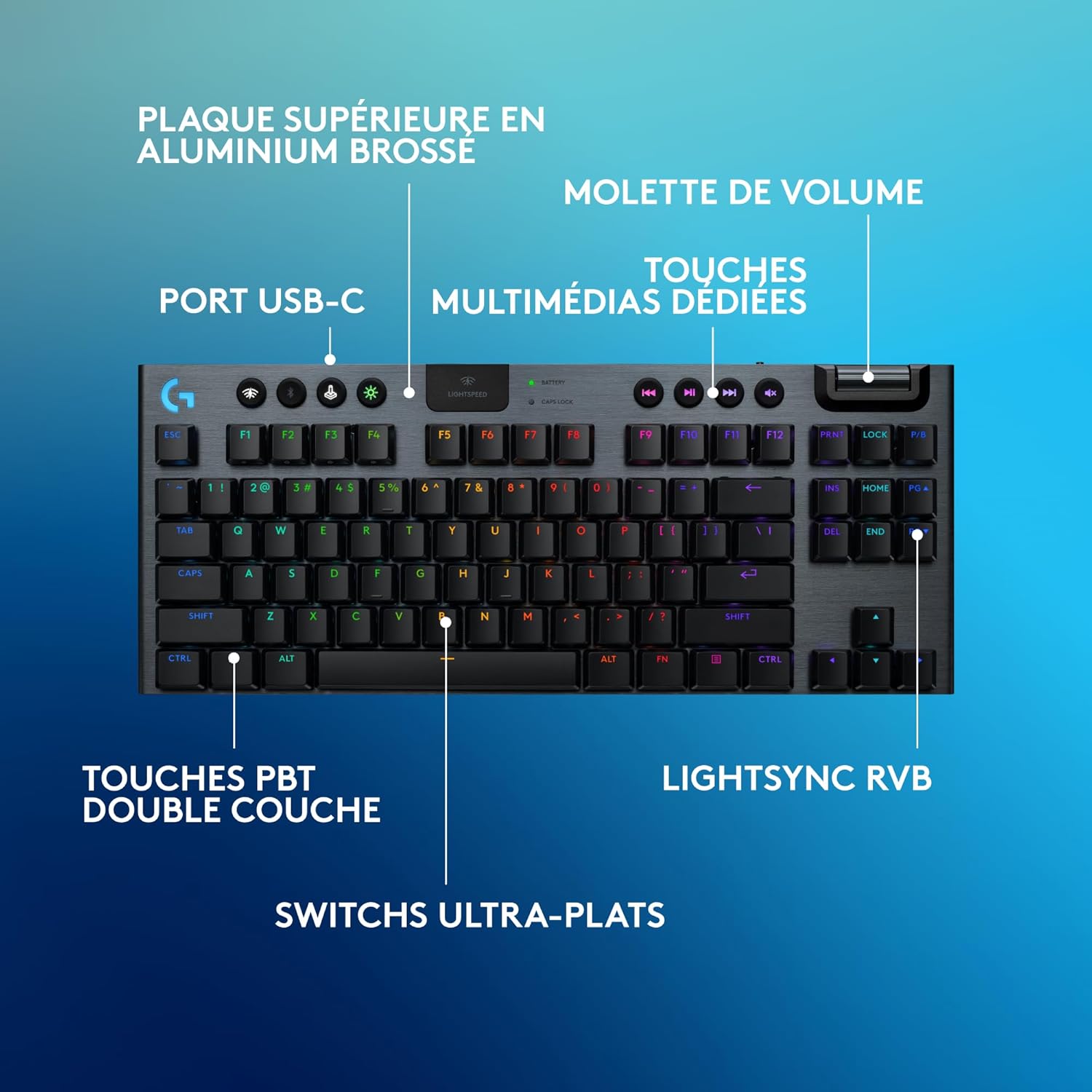 Logitech G915 TKL Tenkeyless LIGHTSPEED Clavier Gamer Mécanique, Switch ultra-plat GL Tactile, RGB LIGHTSYNC, Design élégant et mince, 40+ heures de jeu, Franais AZERTY - Noir