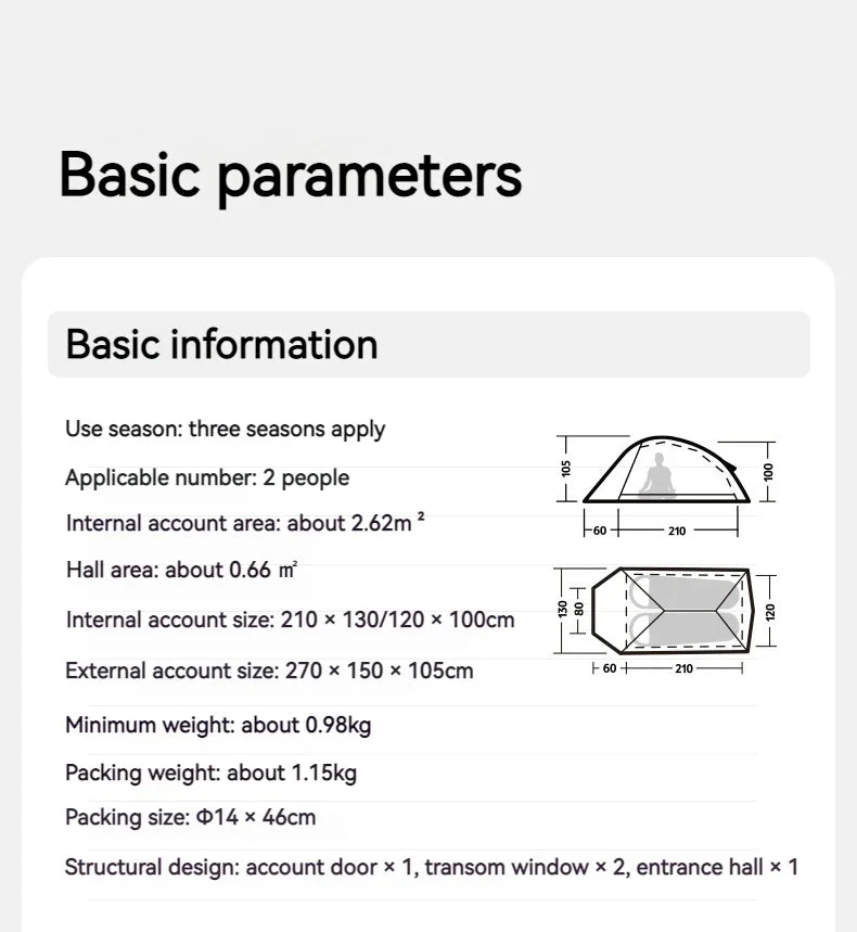 Tente à double-parois ultralégère pour la randonnée, le trekking, le bivouac 2 personnes 930g  Naturehike – Cloud Up Ultralight 10D