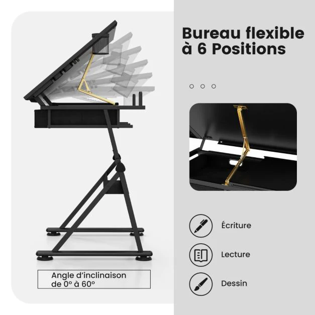 Table à dessin inclinable tabouret 2 tiroirs hauteur réglable multifonctionnel en MDF métal PVC 115 x 60 x 65/90,5 cm noir 20_0009464