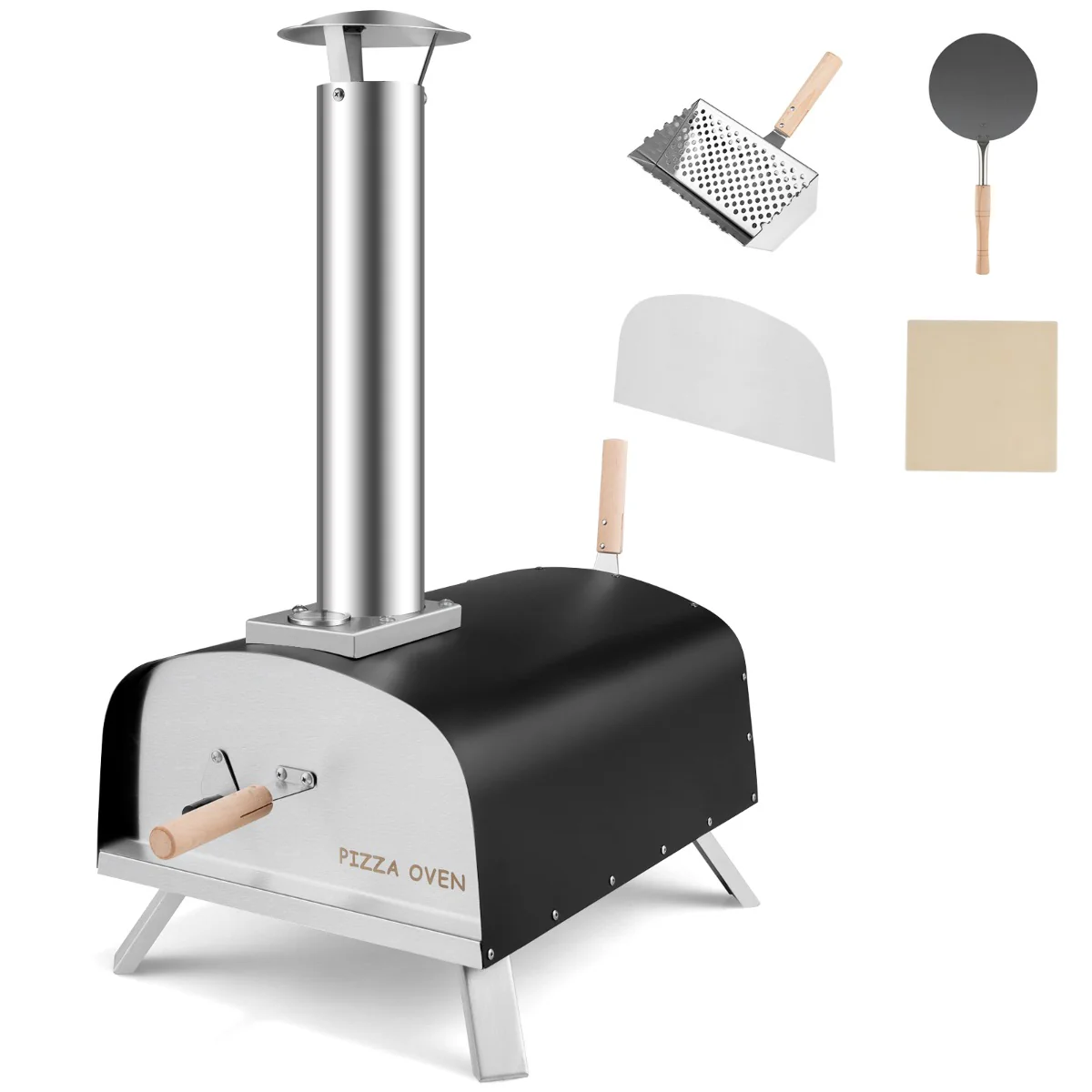 Four à pizza extérieur aux granulés de bois avec pierre à pizza pelle pare-feu pieds pliables cheminée amovible 20_0008602