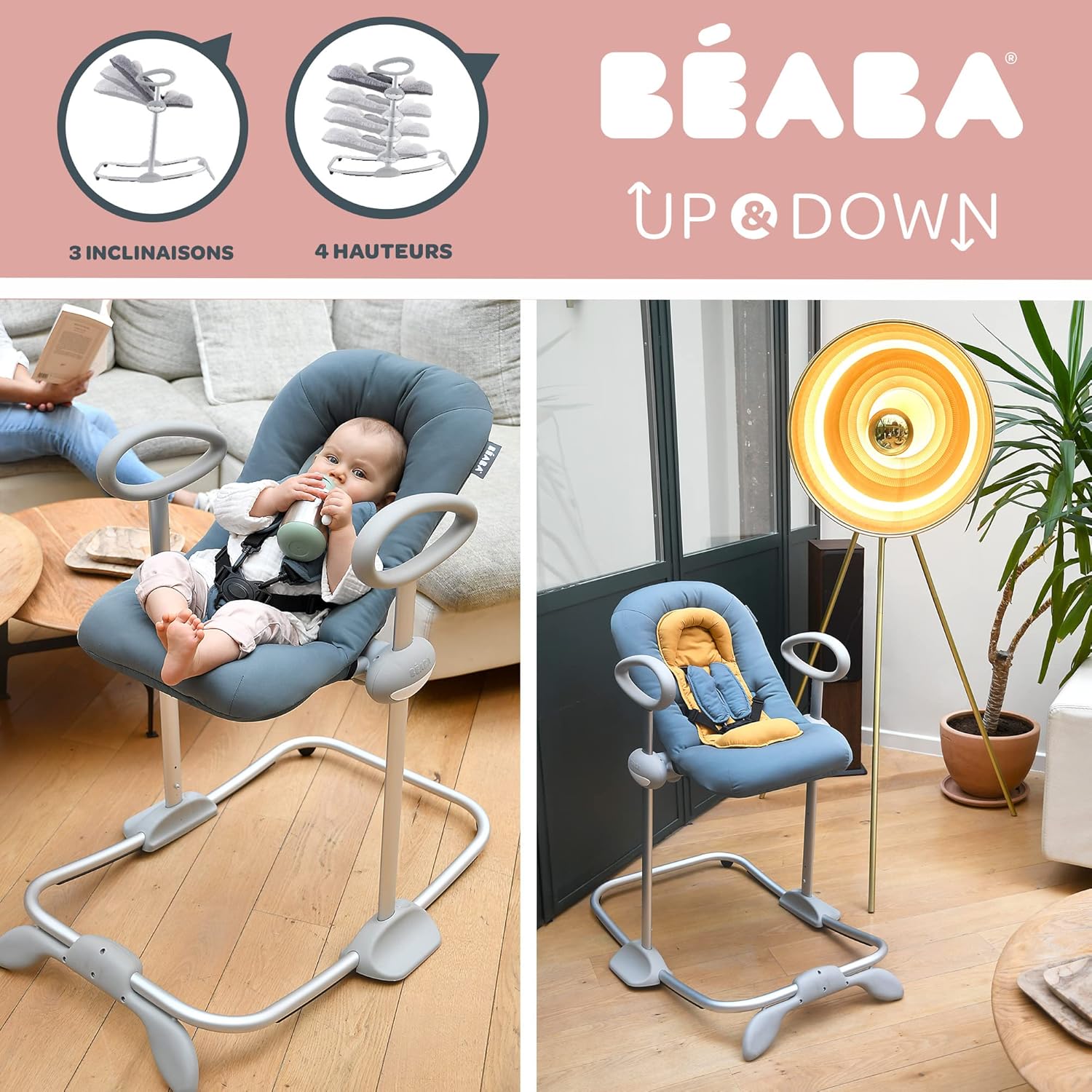 Béaba, Transat Up & Down IV, Transat Réglable en Hauteur, Unisexe pour Bébé et Enfants, 3 Positions d'Inclinaison, Harnais Sécurité 5 Points, Réducteur de Naissance, Gris minéral et miel
