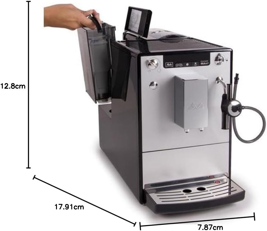 Melitta Solo & Perfect Milk Argent, Machine à Café à Grains avec Broyeur et Système d'Extraction des Armes, Mode 1 à 2 Tasses, Auto Cappuccinatore, Affichage LED, E957-203, 1400W