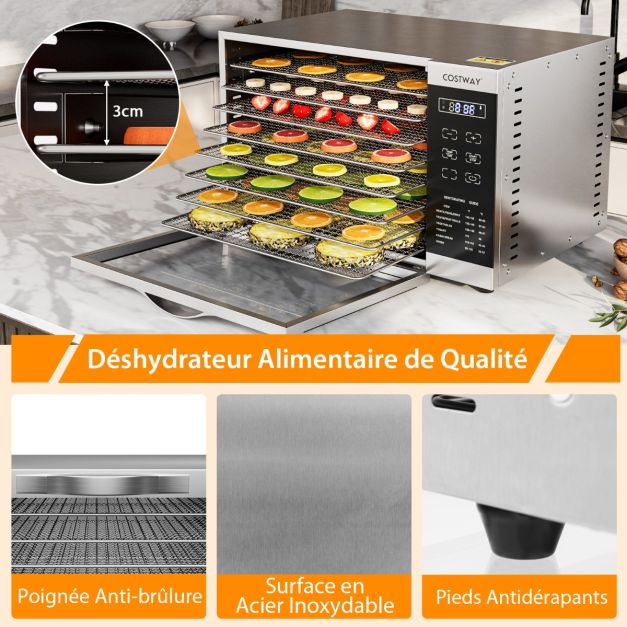 Déshydrateur alimentaire 8 plateaux en maille amovibles séchoir alimentaire pour fruits viandes contrle de température minuterie protection argent 20_0005258