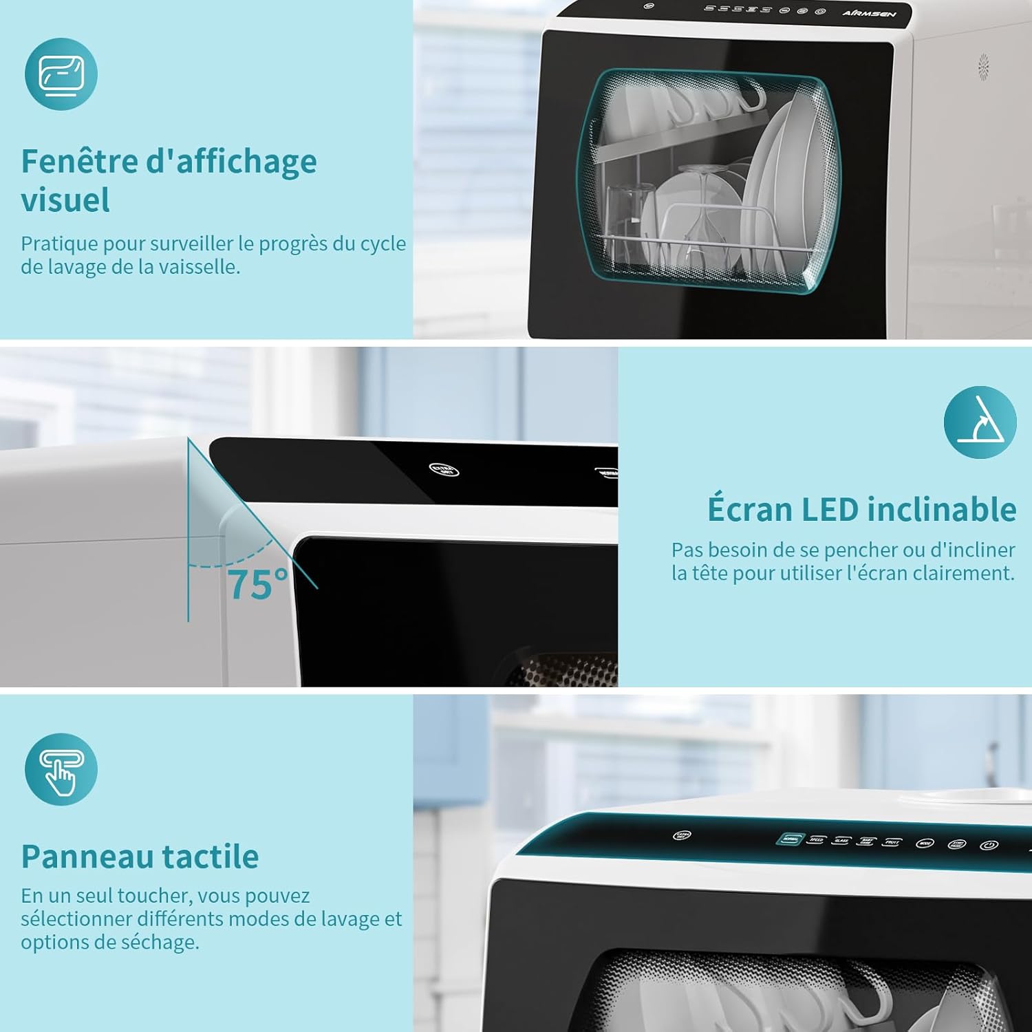 AIRMSEN Mini Lave-Vaisselle de Comptoir, 5+1 Programmes, Réservoir d'Eau de 5L, Contrle Tactile et cran LED, Adapté pour les Cuisines Familiales, Appartements et Dortoirs, Blanc et noir