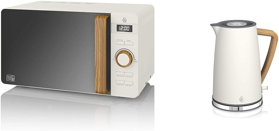Swan Four à micro-ondes numérique Nordic 20 L, 6 niveaux de puissance, 800 W, minuterie de 30 minutes, nettoyage facile, mode dégivrage, design moderne, poignée effet bois, blanc mat