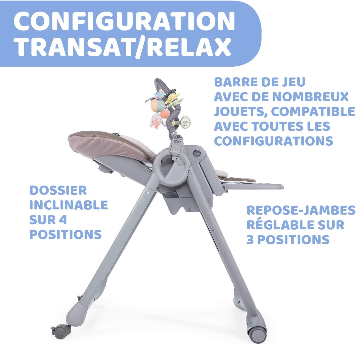 Chicco Polly Magic Relax Chaise Haute Bébé volutive et Pliable à 4 Roues, Enfants de la Naissance à 3 ans (15 kg), Inclinable en Transat, avec Coussin Réducteur et Barre de Jeux - Gris