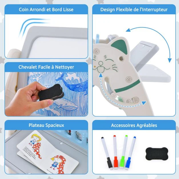 Tableau chevalet 3 en 1 magnétique enfant avec tabouret réglable en hauteur table enfant et bibliothèques 1-5 ans vert 20_0007583