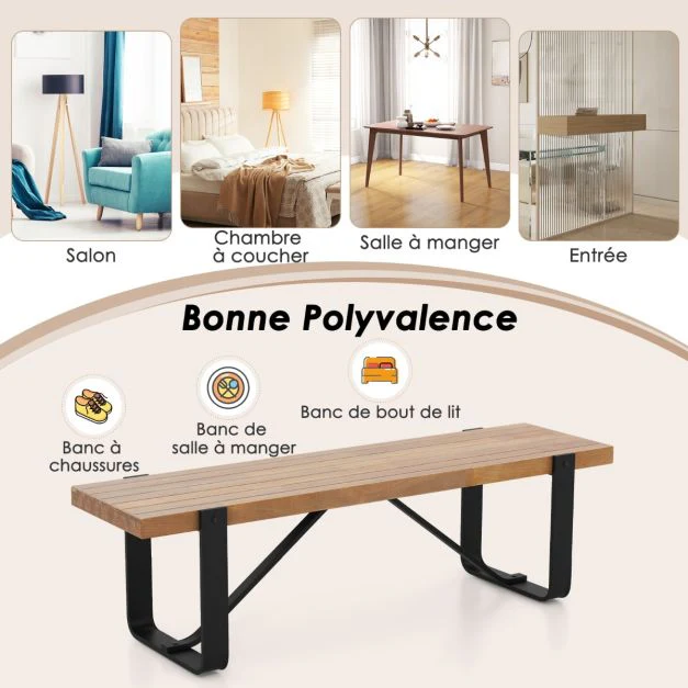 Banc d'entrée de 152,5 cm de long avec structure métallique rangement à chaussures rustique en bois capacité de charge 300 kg naturel 20_0007794
