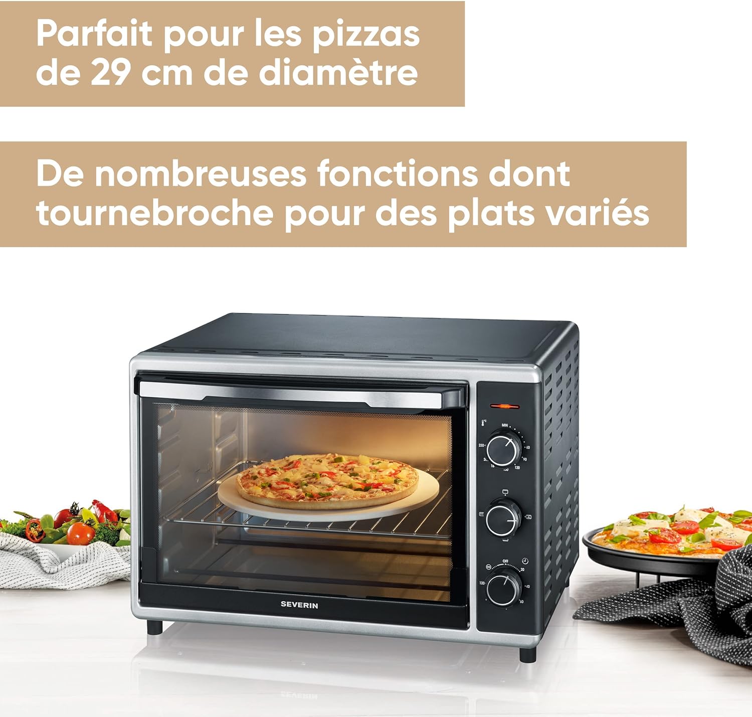 SEVERIN Mini-Four à chaleur tournante 42 L avec pierre à pizza et tournebroche, Four posable 1 800 W design élégant, électrique avec minuteur 120 min, Noir/Inox, TO 2058