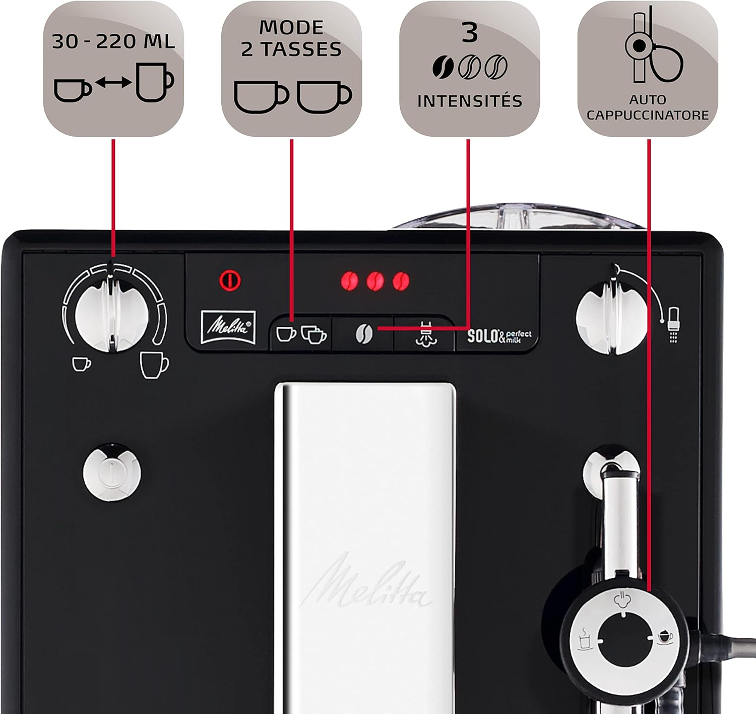 Melitta Solo & Perfect Milk Argent, Machine à Café à Grains avec Broyeur et Système d'Extraction des Armes, Mode 1 à 2 Tasses, Auto Cappuccinatore, Affichage LED, E957-203, 1400W