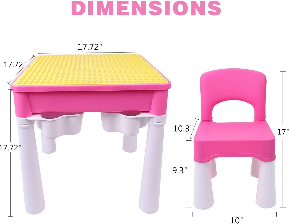 burgkidz Ensemble de Table Multi-activités pour Enfants 5-en-1-128 Pièces Blocs de Construction de Grandes Briques Compatibles, Jeu Comprenant 1 Chaise et 1 Table avec Rangement, Bleu