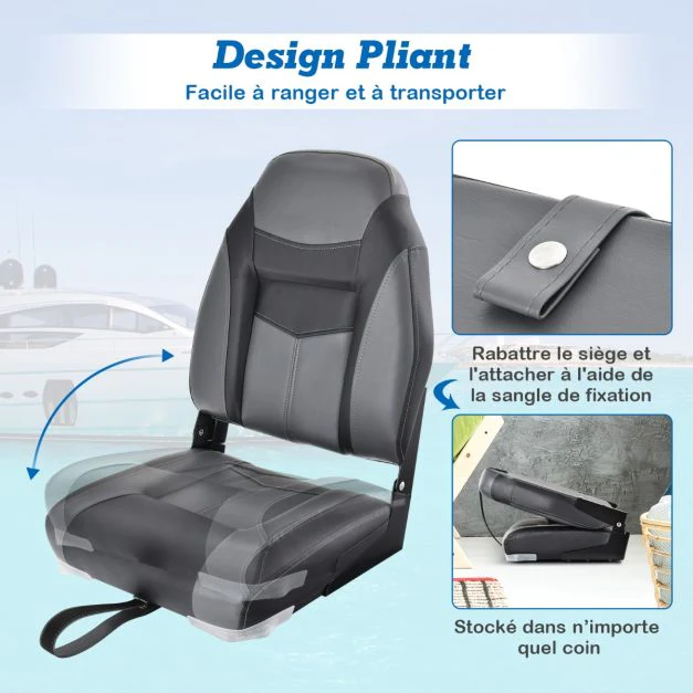 Lot de 2 sièges de bateau pliante à dossier surface en pvc imperméable siège de pêche avec rembourrage en éponge haute densité charnières flexibles noir 20_0008768