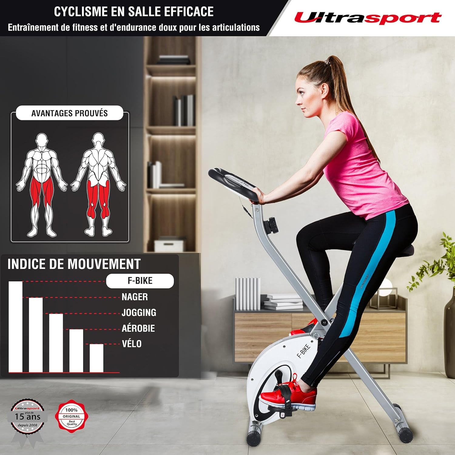 Ultrasport F-Bike, entraneur vélo, vélo d'appartement, home trainer pliable, écran LCD, opt. capteurs pouls main, Niveaux de résistance réglables, faciles à assembler, idéal pour athlètes et seniors