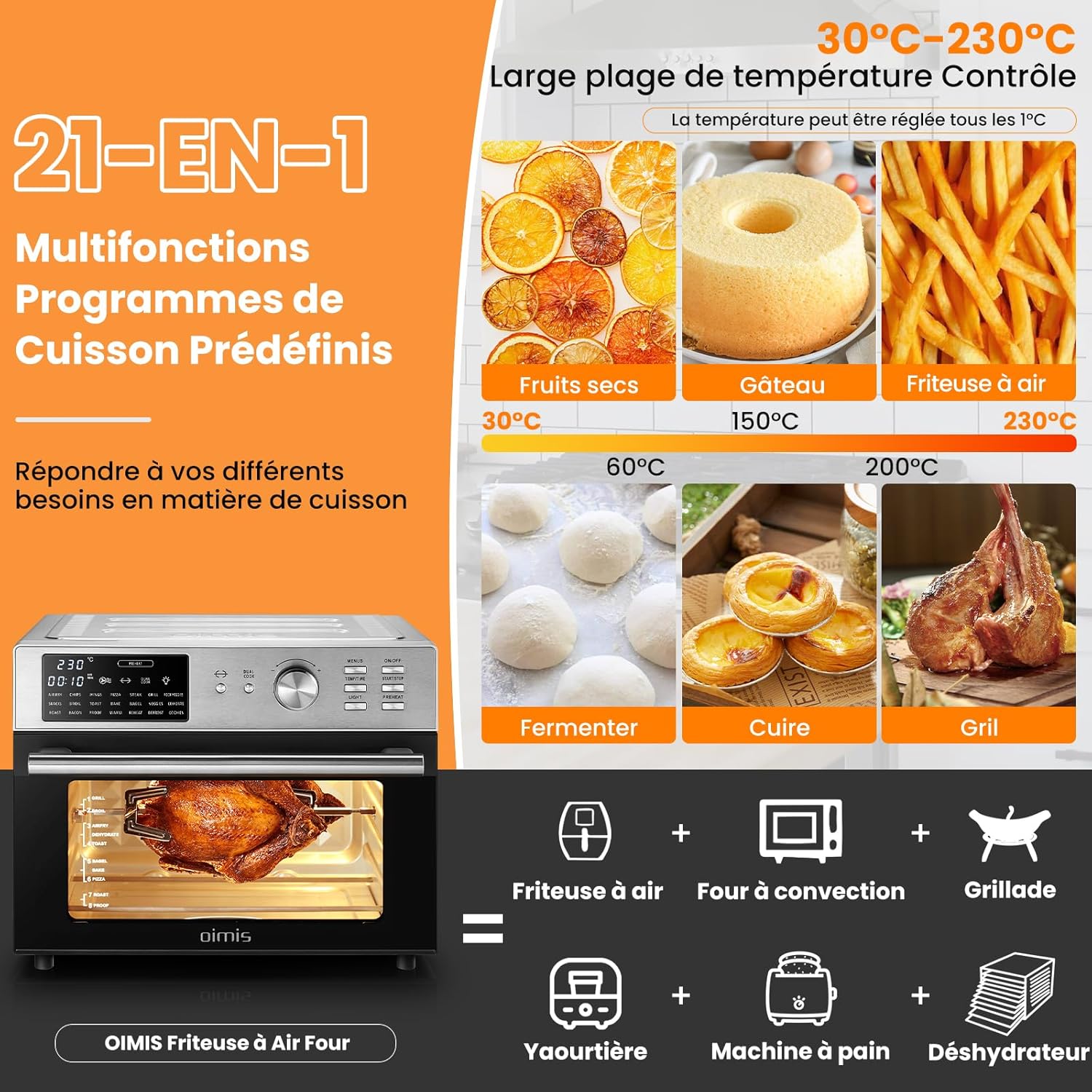 Oimis Friteuse à Air Chaud Sans Huile Four 30L,Gris, 1800W avec 21 Programmes Prédéfinis, Rtissoire,Déshydrateur, 6 Accessoires, Recettes（NO Panier Rotatif）
