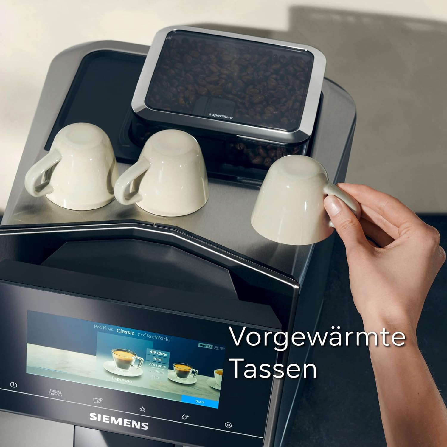 Siemens, machine à café automatique EQ900 TQ903D03, contrôle par l'application, écran tactile, mode barista, AromaBoost, réduction du bruit, broyeur premium, nettoyage à la vapeur, 1 500 W, inox