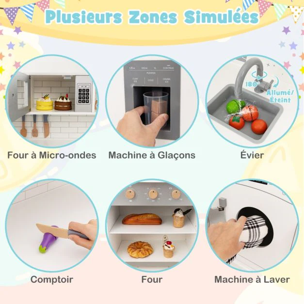 Jeu de cuisine d'angle pour enfants de 3 ans et plus en bois machine à glaons micro-ondes four évier accessoires effets sonores et lumineux 20_0002944