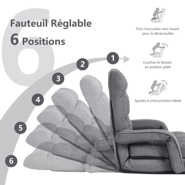 Fauteuil convertible chauffeuse convertible 1 place avec oreiller 5 positions en tissu lin éponge 54 x 56 x 70 cm gris 20_0008568