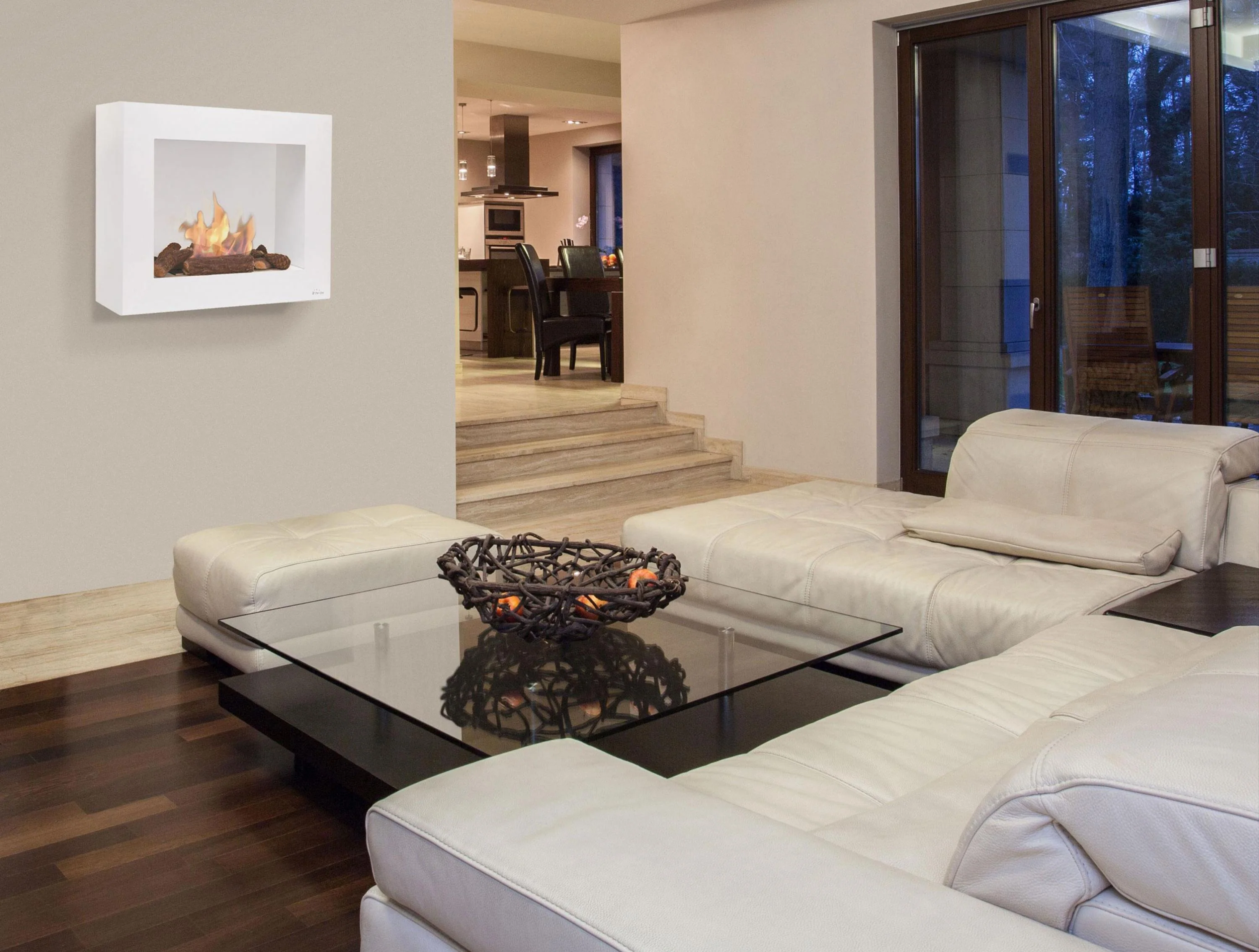 Cheminée à l'éthanol avec sol ou mur ocre clair avec kit entonnoir et bche