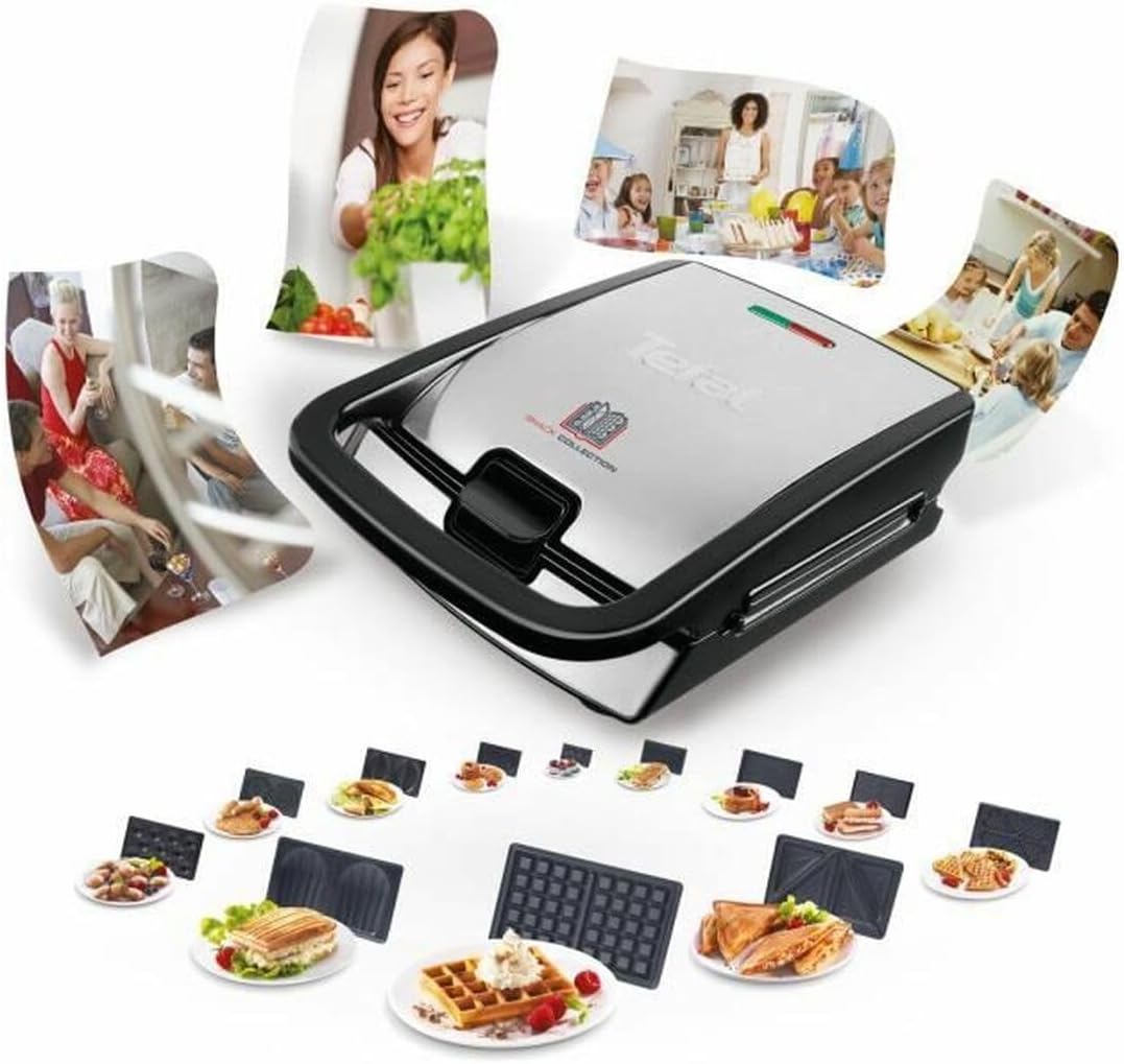 Tefal Appareil à gaufres et croque-monsieur, 2 jeux de plaques inclus, Rangement facile, Nettoyage sans effort, Indicateur de chaleur, Revêtement antiadhésif, Snack Collection SW852D12
