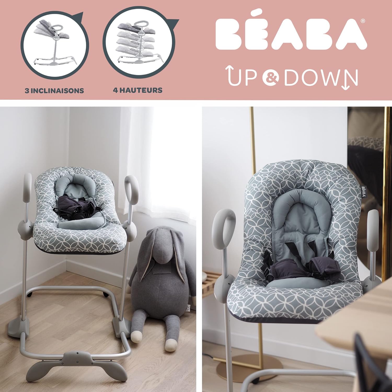 Béaba, Transat Up & Down IV, Transat Réglable en Hauteur, Unisexe pour Bébé et Enfants, 3 Positions d'Inclinaison, Harnais Sécurité 5 Points, Réducteur de Naissance, Gris minéral et miel
