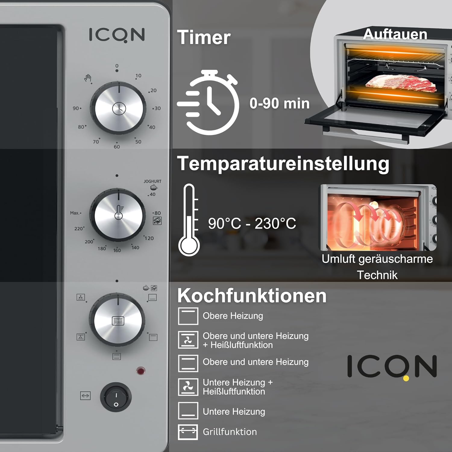 ICQN Mini Four Electrique 60l, 5 Fonctions, 40°-230°C, 2000 W, Anthracite Noir