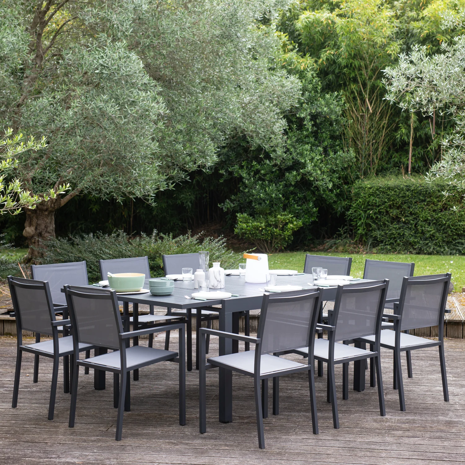 Salon de jardin extensible 10 places de 140/200cm en textilène gris - aluminium anthracite VENEZIA Happy Garden