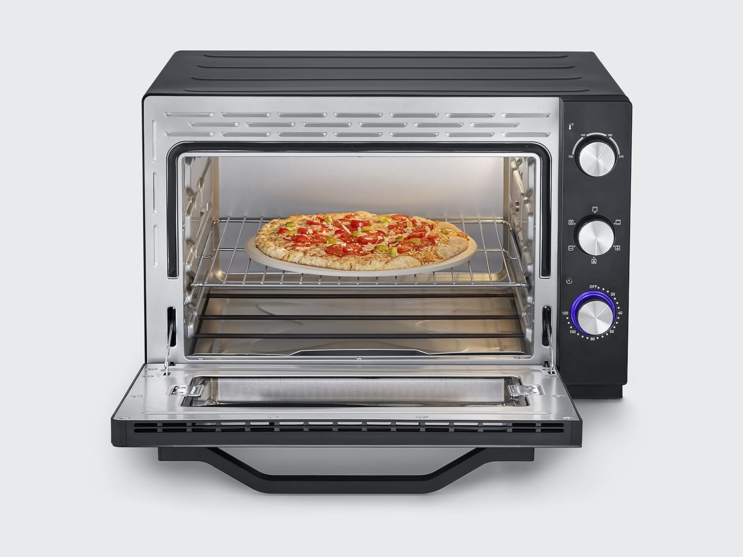 SEVERIN Mini-Four à chaleur tournante 42 L avec pierre à pizza et tournebroche, Four posable 1 800 W design élégant, électrique avec minuteur 120 min, Noir/Inox, TO 2058