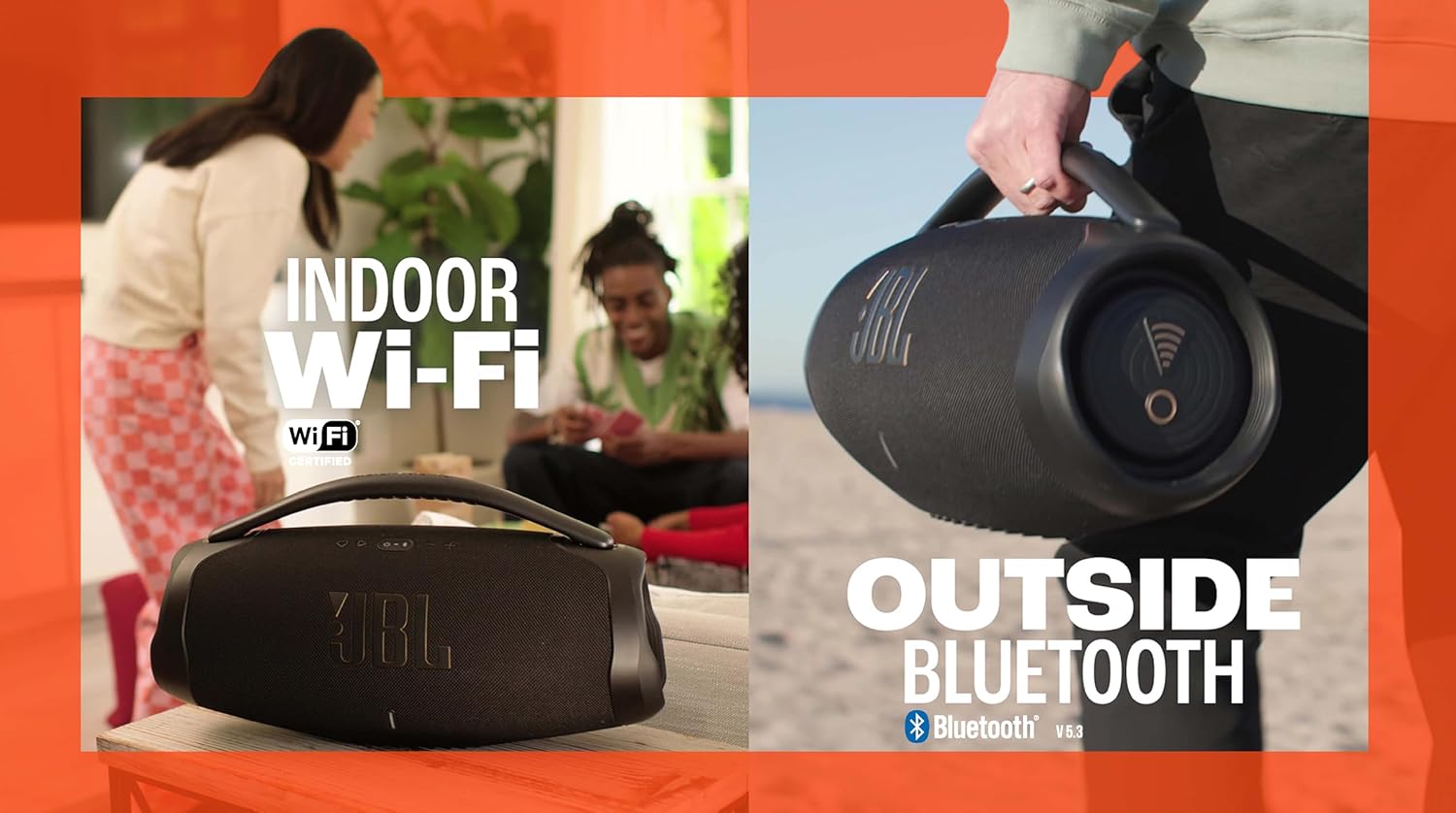 JBL Boombox 3 Wifi, Enceinte portable compatible avec Bluetooth et WiFi, Son JBL Original Pro et basses puissantes, étanche à l'eau et à la poussière, autonomie de 24h, Noire