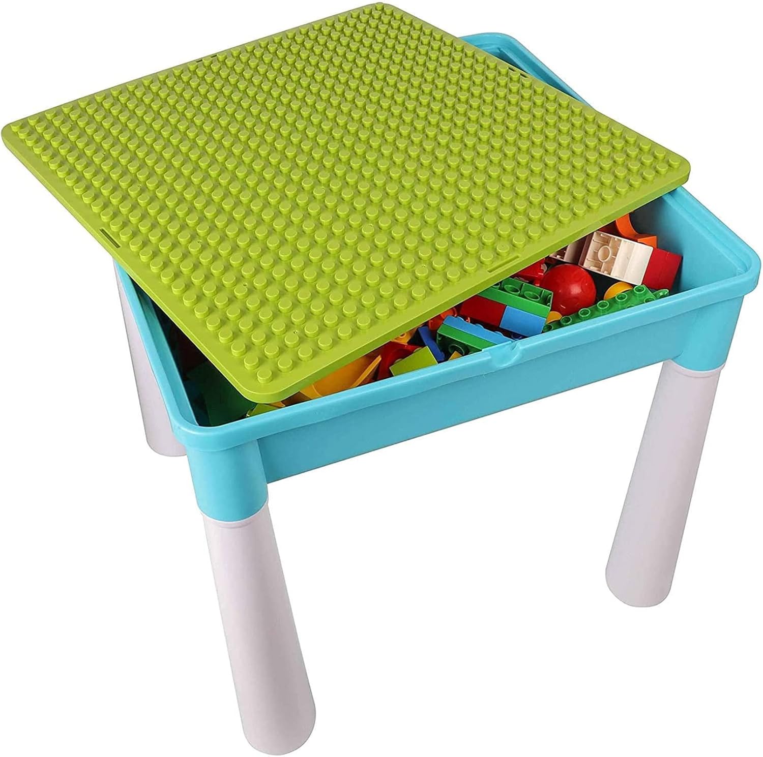 burgkidz Ensemble de Table Multi-activités pour Enfants 5-en-1-128 Pièces Blocs de Construction de Grandes Briques Compatibles, Jeu Comprenant 1 Chaise et 1 Table avec Rangement, Bleu