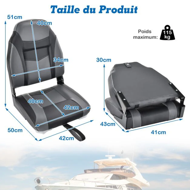 Lot de 2 sièges de bateau pliante à dossier surface en pvc imperméable siège de pêche avec rembourrage en éponge haute densité charnières flexibles noir 20_0008768
